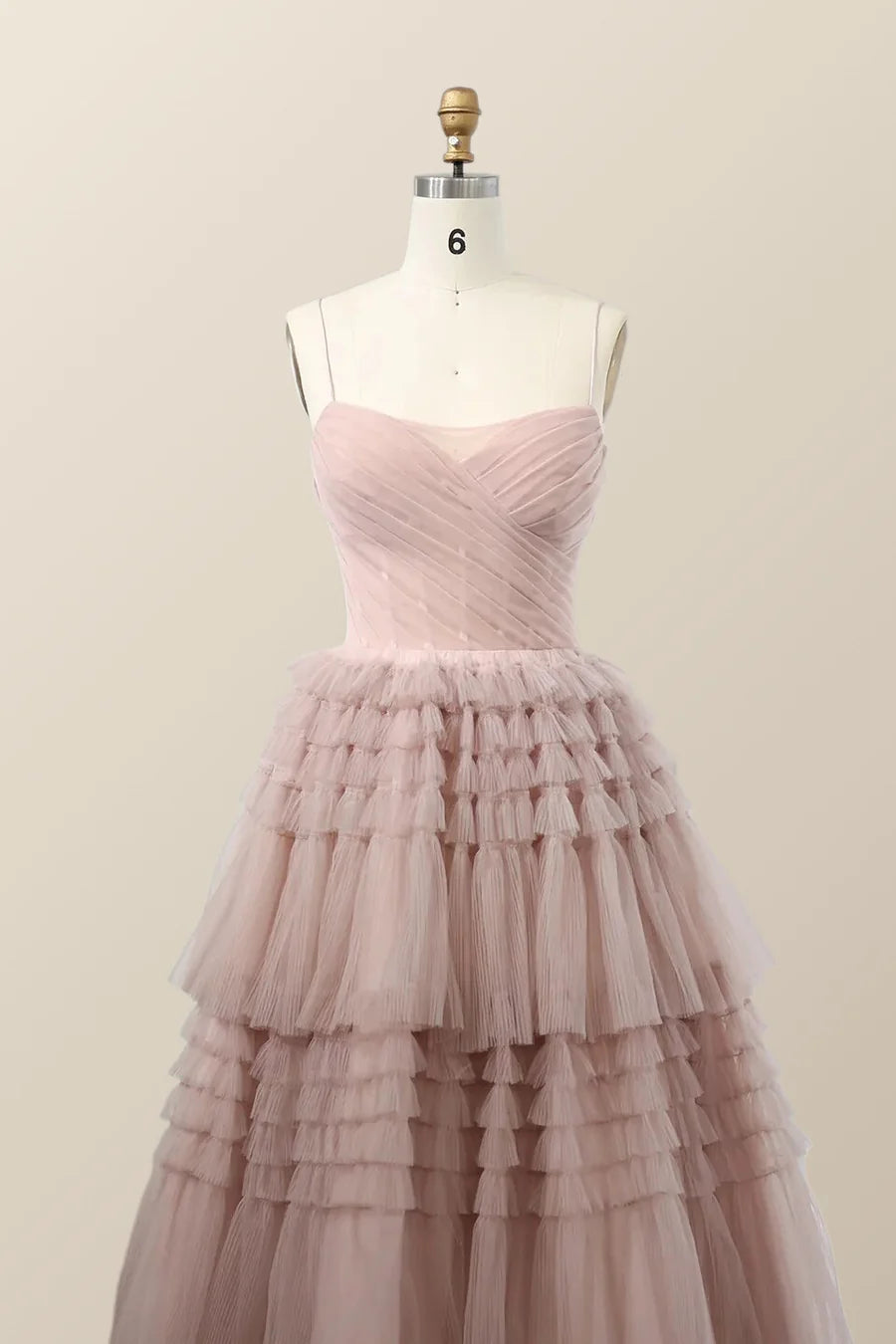 Straps Blush Tulle Tiered Long Prom Dress