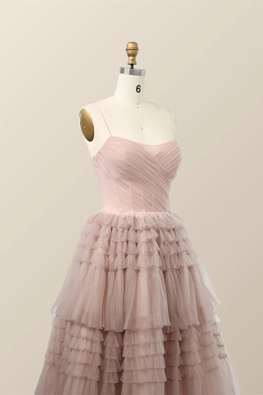 Straps Blush Tulle Tiered Long Prom Dress