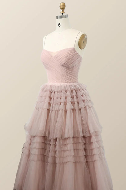 Straps Blush Tulle Tiered Long Prom Dress