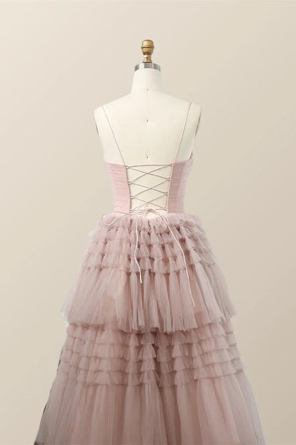 Straps Blush Tulle Tiered Long Prom Dress