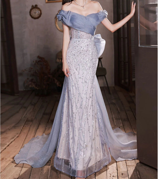 Off Shoulder Tulle Sequin Mermaid Long Party Dress