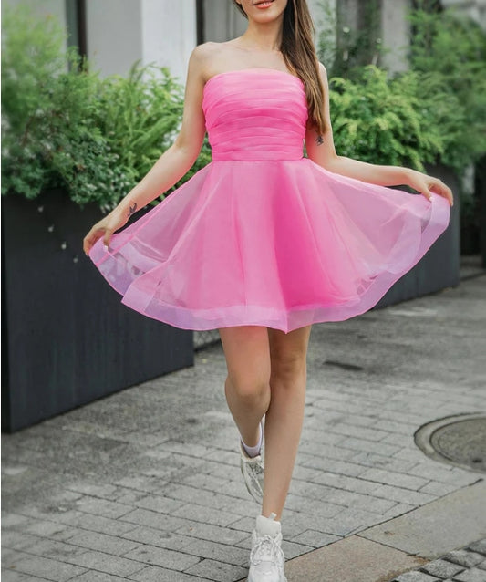 A-Line Light Pink Strapless Homecoming Dress