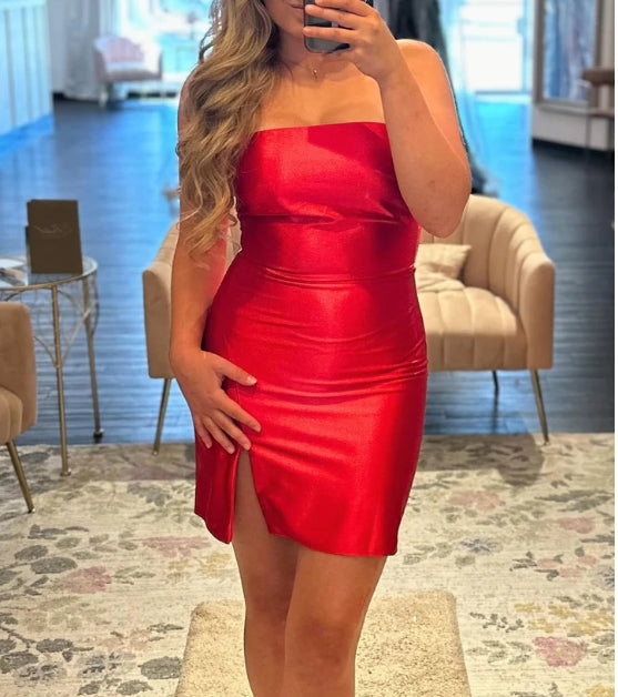 Red Strapless Homecoming Dress with Slit