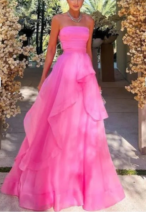 A Line Tulle Ruffle Pink Prom Dresses Strapless Modest Formal Prom Dresses