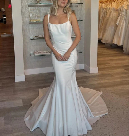 Mermaid Scoop Neck Backless Satin Wedding Dresses