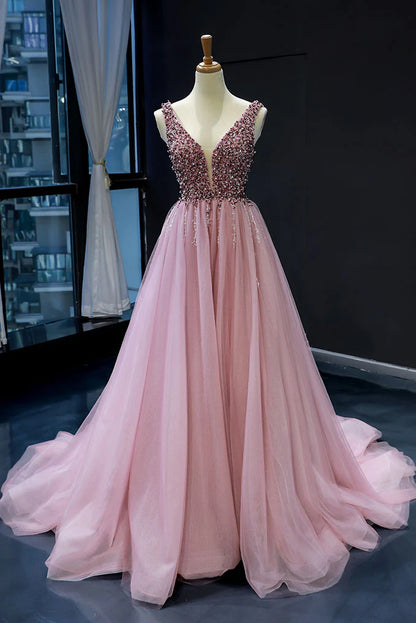 Pink tulle sequin v neck long prom dress tulle sequin pink formal dress