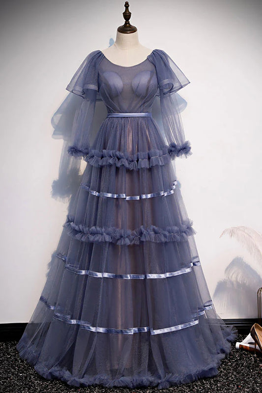 Unique round neck tulle long prom dress tulle evening dress