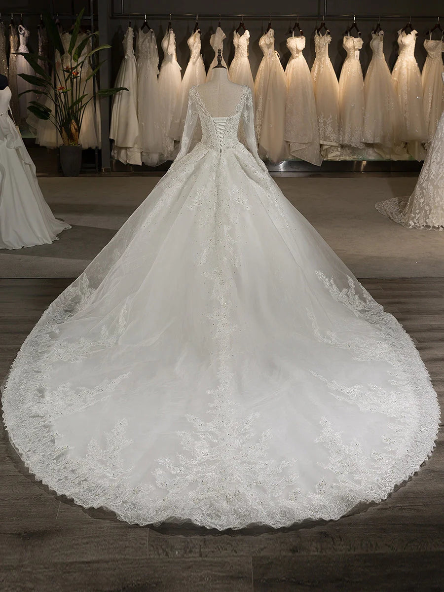 Scoop Long Sleeves Tulle Applique With Beading Chapel Train Ball Gown Wedding Dresses