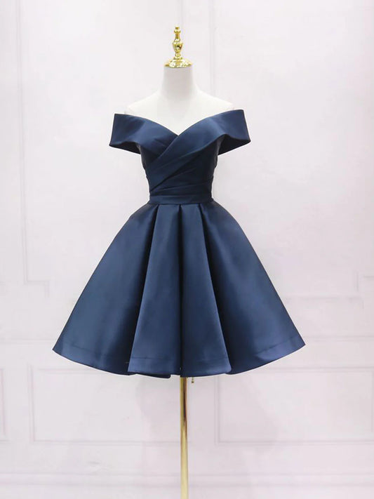 Off Shoulder Satin Dark Blue Short Party Dress Blue Homecoming Dress