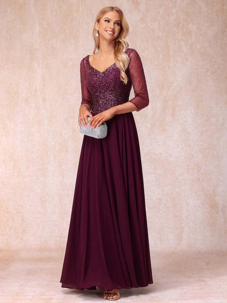 A-Line/Princess V-Neck 3/4 Sleeves Long Formal Evening Dresses With Be ...