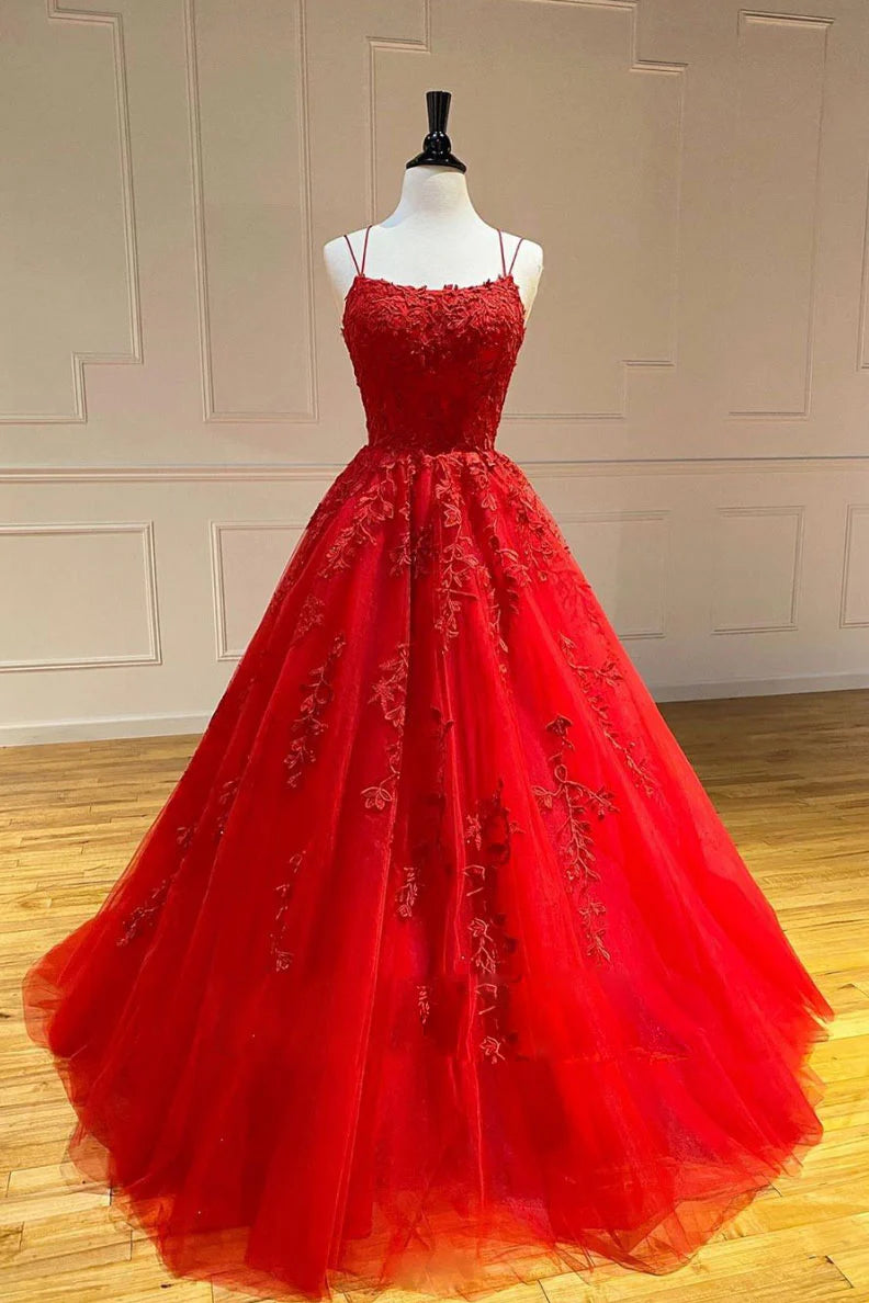 Red tulle lace long prom dress lace tulle formal dress