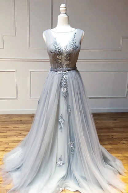 Gray v neck tulle lace long prom dress gray lace long evening dress