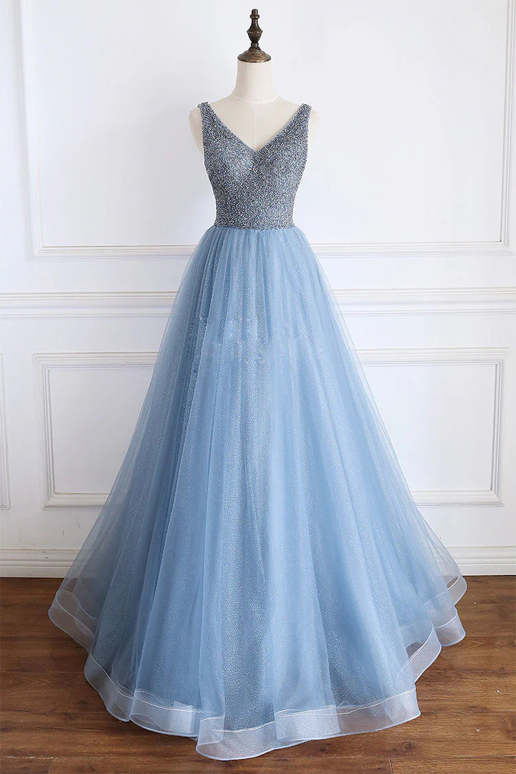 Blue v neck beads sequin tulle long prom dress blue evening dress