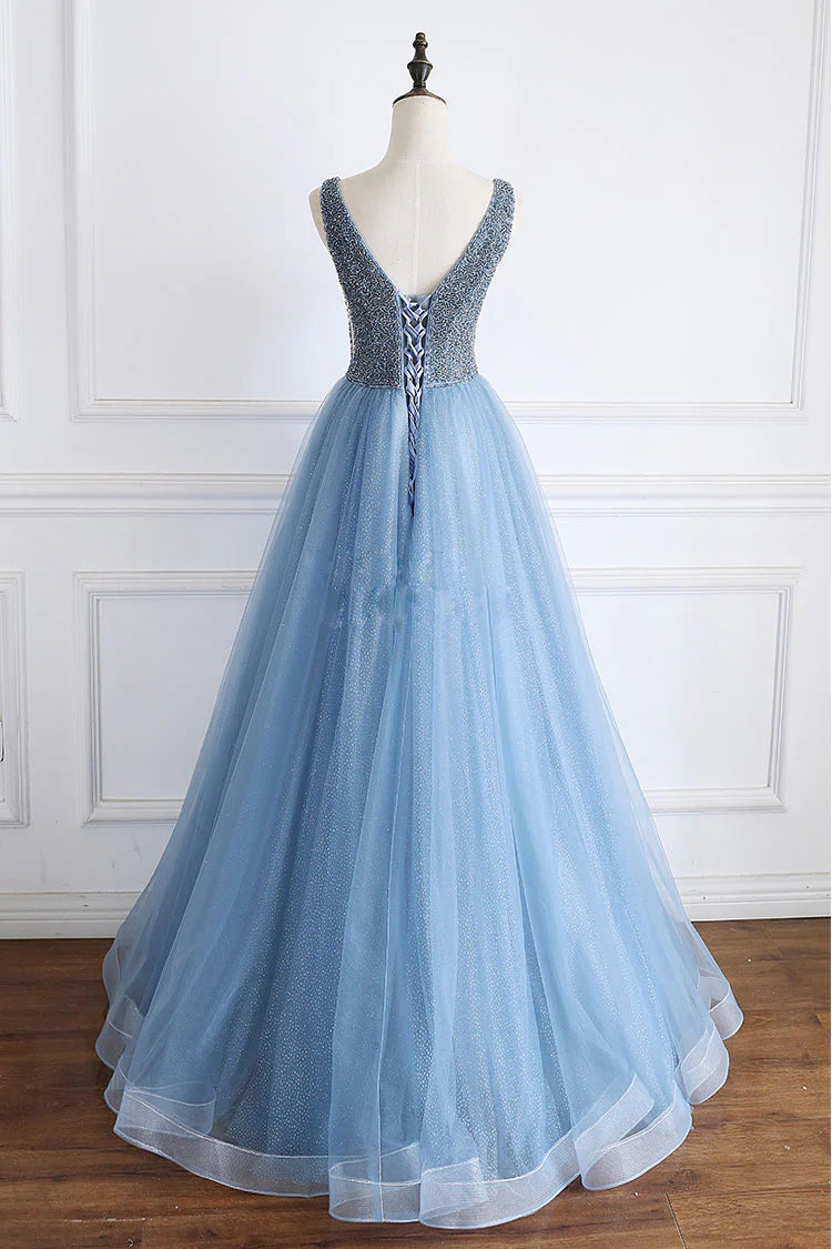 Blue v neck beads sequin tulle long prom dress blue evening dress