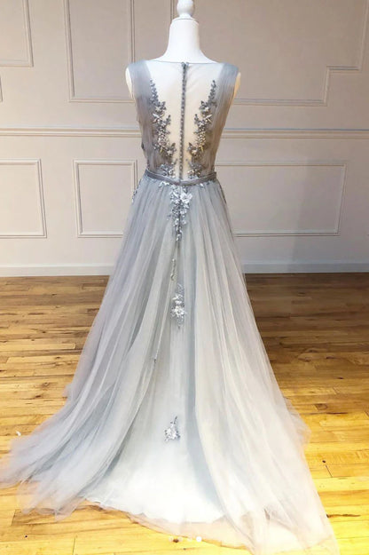 Gray v neck tulle lace long prom dress gray lace long evening dress