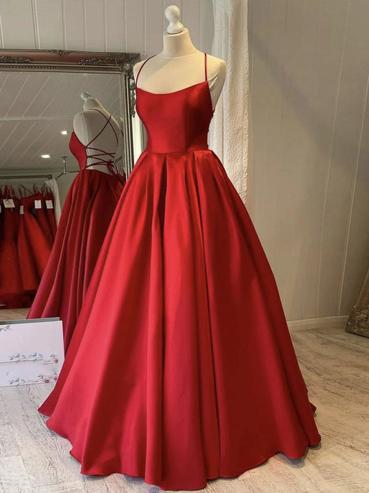 Simple red satin long prom dress red evening dress