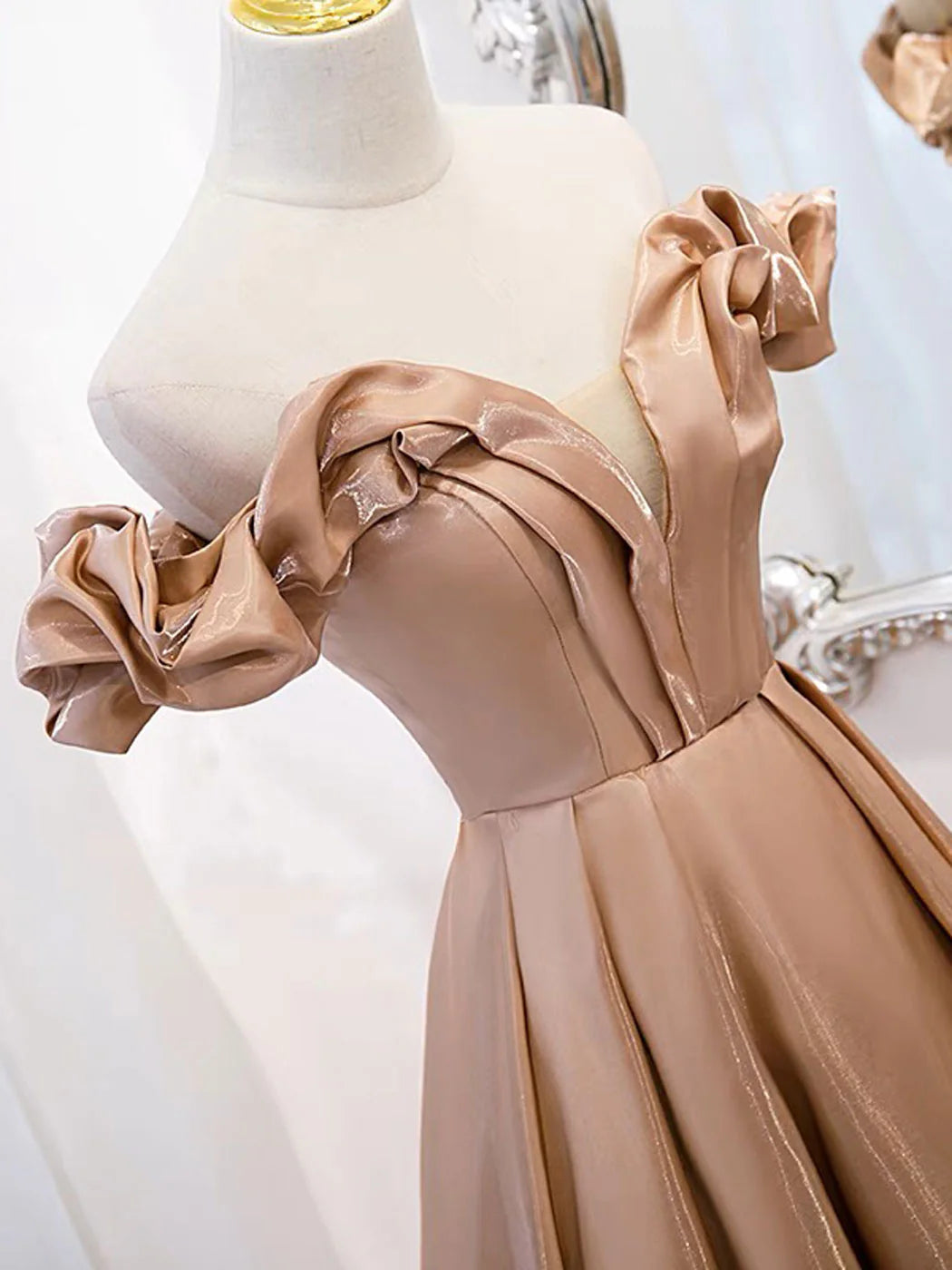 A-Line Off Shoulder Satin Champagne Long Prom Dress