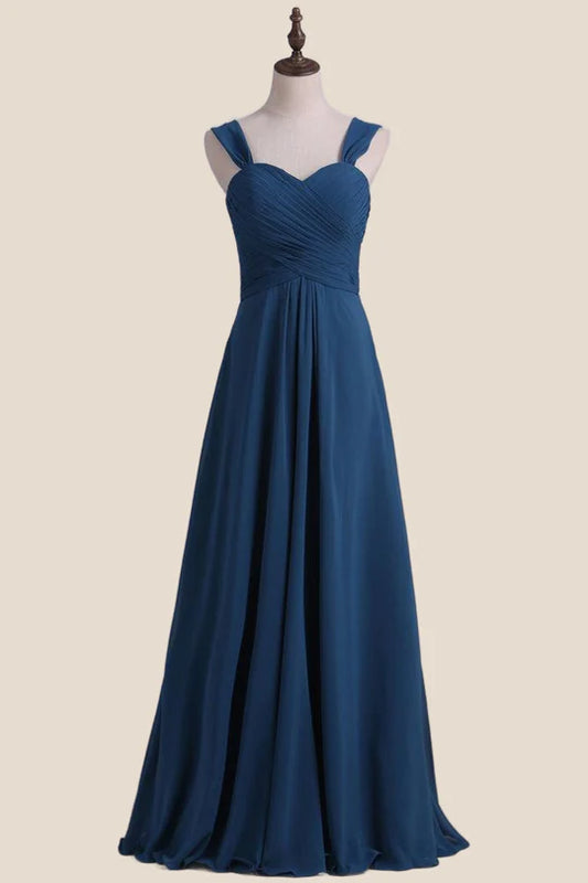 Straps Navy Pleated Chiffon A-line Bridesmaid Dress