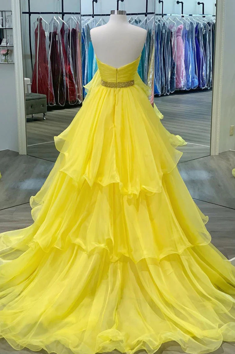 Yellow sweetheart tulle long prom dress yellow formal dress