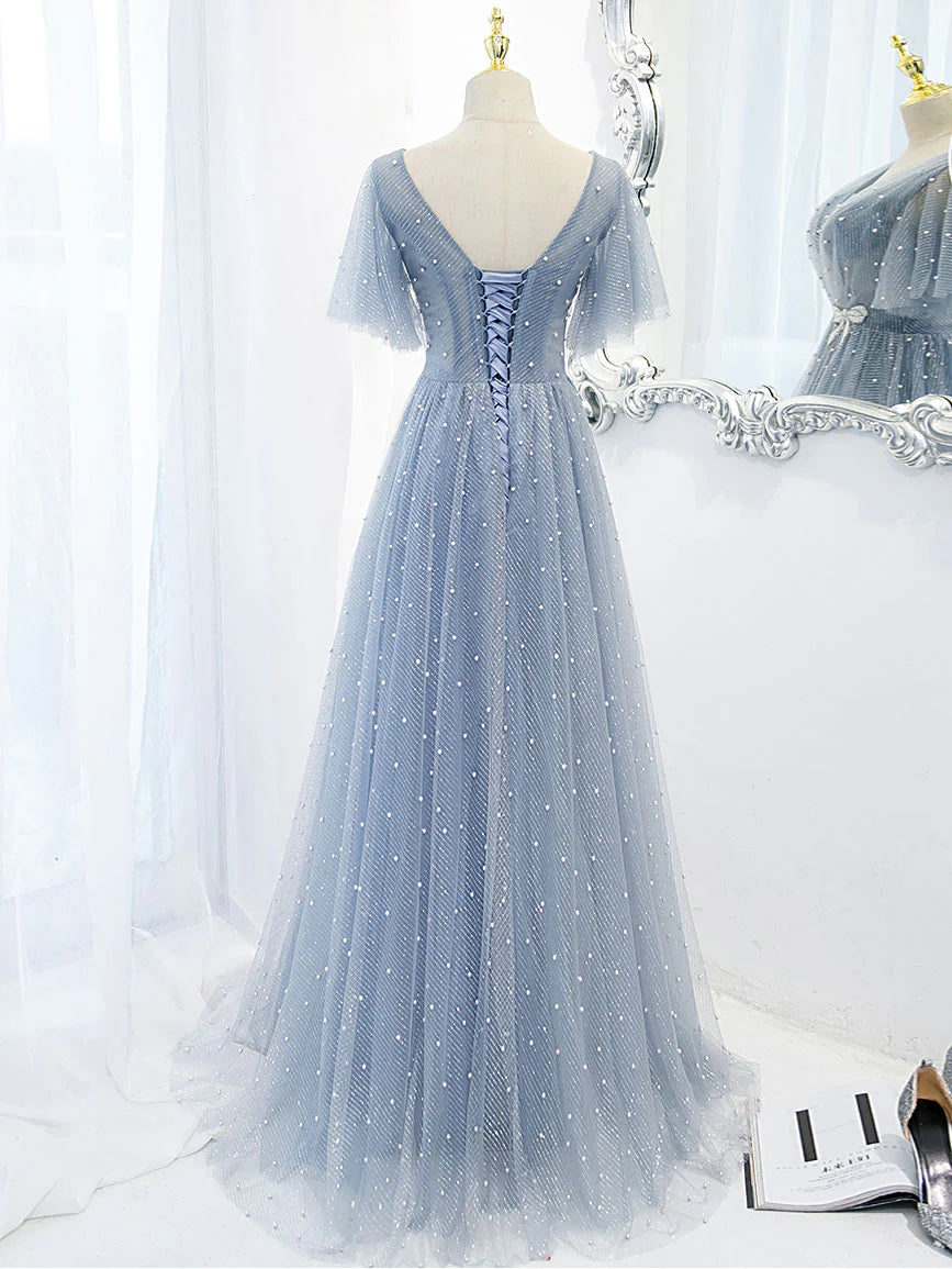 Blue v neck tulle beads long prom dress blue tulle formal dress