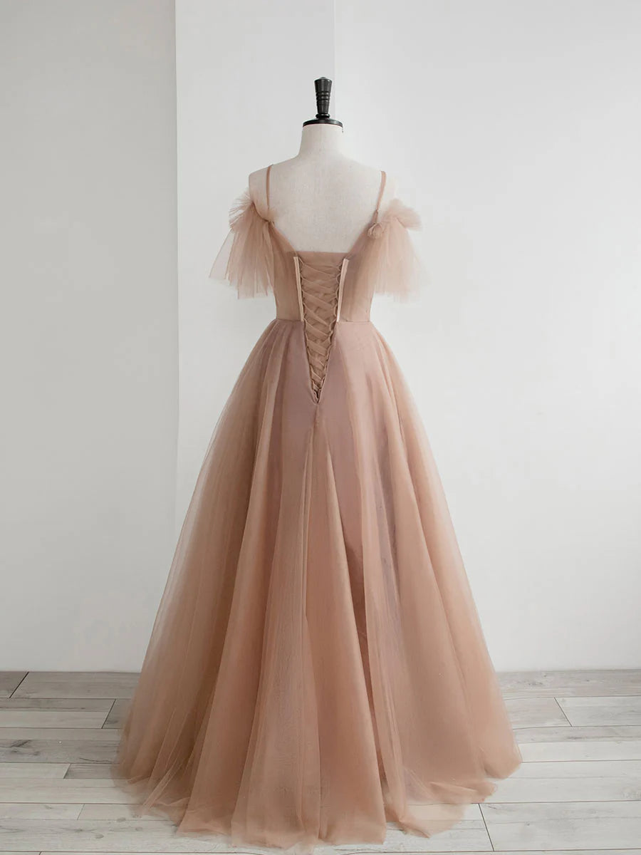 Champagne A line tulle lace long prom dress champagne evening dress