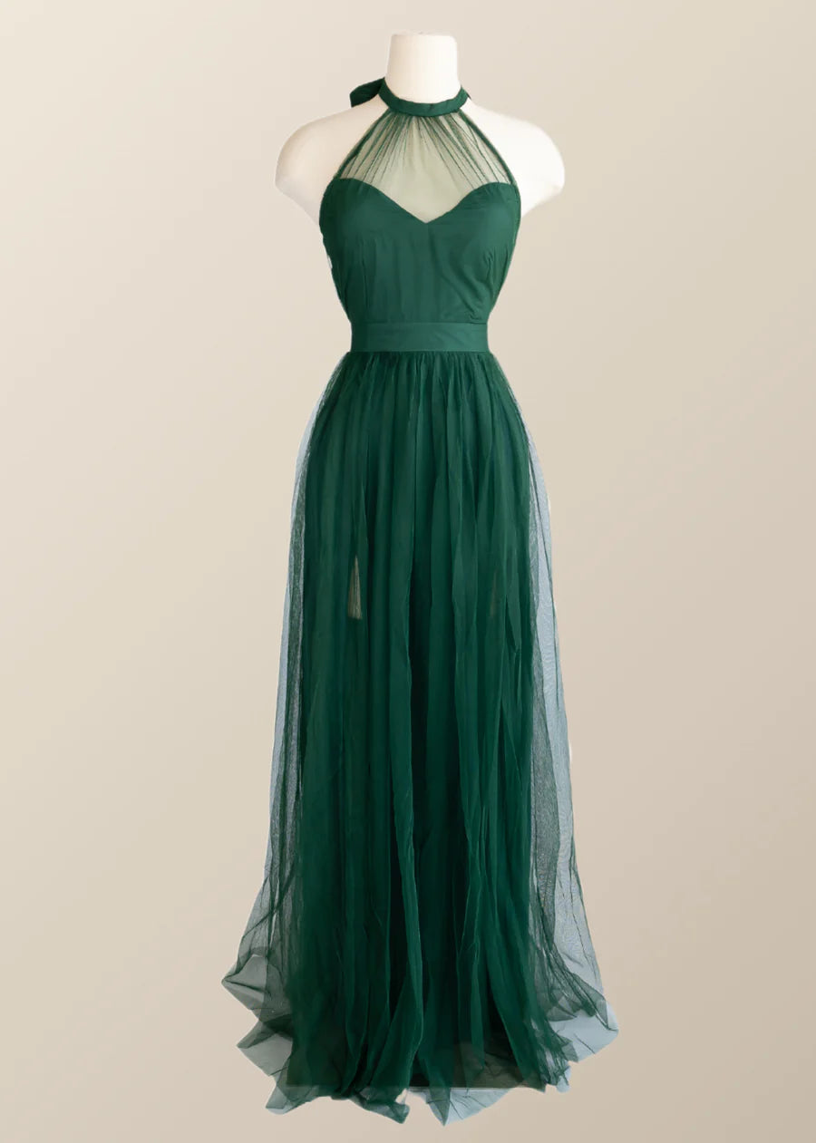 Halter Hunter Green Tulle Long Formal Prom Dress