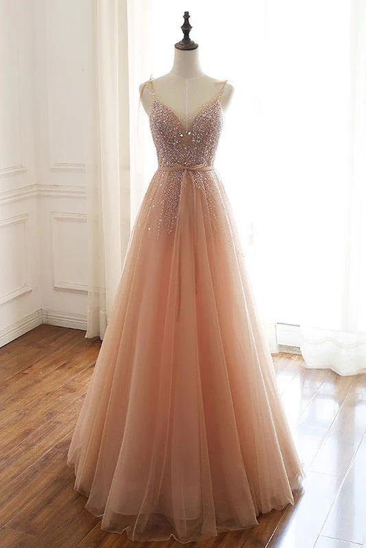 Champagne tulle beads sequin long prom dress evening dress