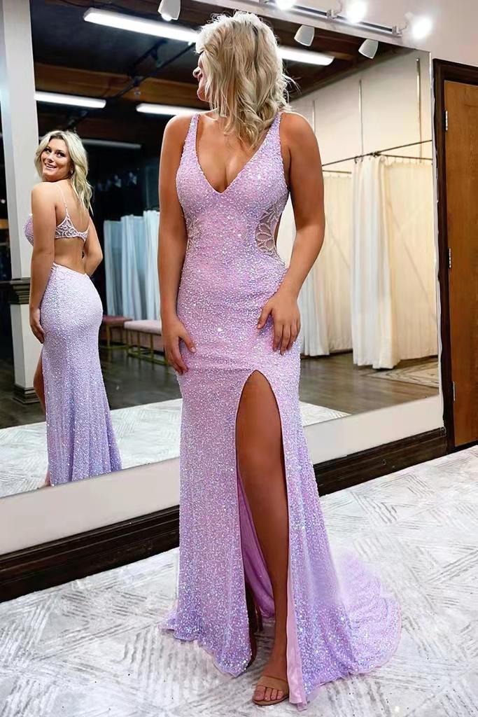 V Neck Sleeveless Long Prom Dress Sparkly Sequined Evening Dress