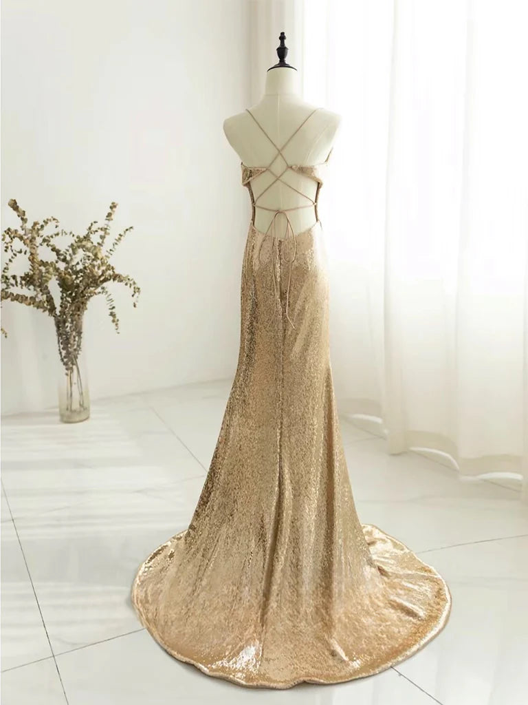 Backless Sequin Long Prom Dress Sequin Champagne Long Evening Dress