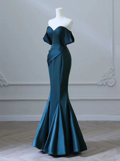 Off Shoulder Satin Ink Blue Long Prom Dress Ink Blue Long Formal Dress