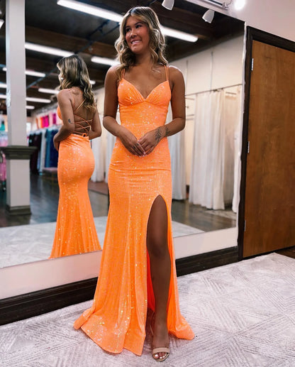 DingjiMermaid Spaghetti Straps Lace Prom Dress With Split