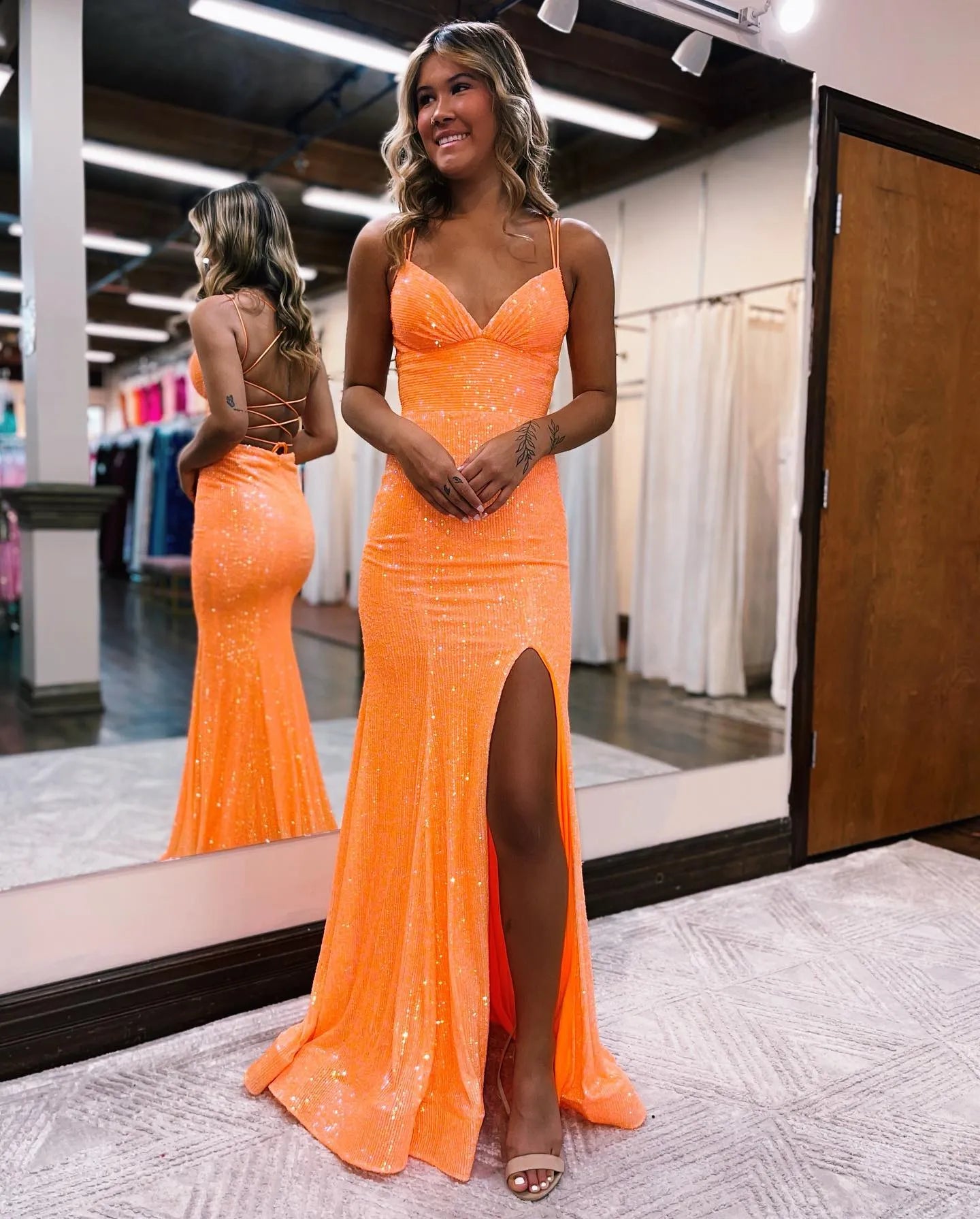 Mermaid Spaghetti Straps Lace Prom Dress With Split