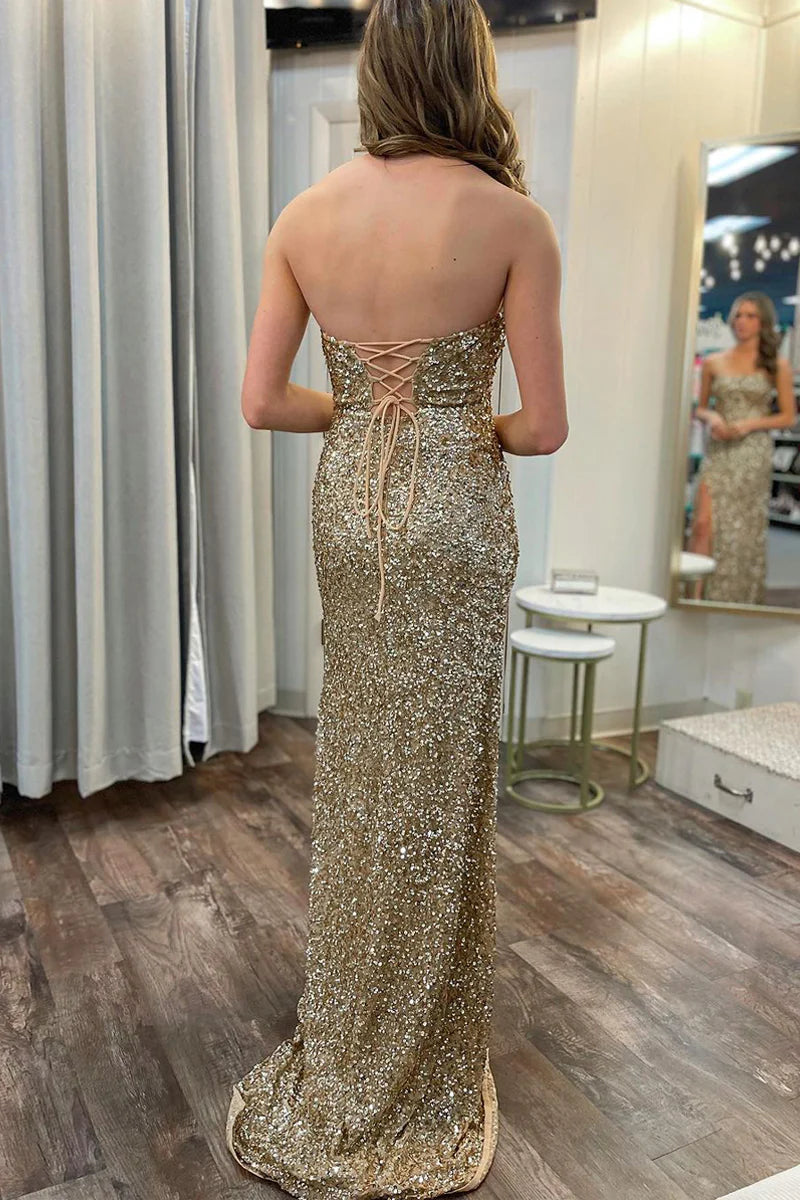 Gold Strapless Sequins Mermaid Prom Dresses with Slit