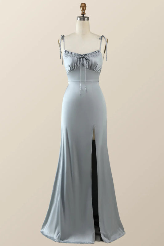 Misty Blue Straps Ruffle A-line Bridesmaid Dress