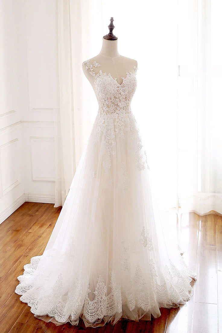 White round neck tulle lace long prom dress white tulle wedding dress