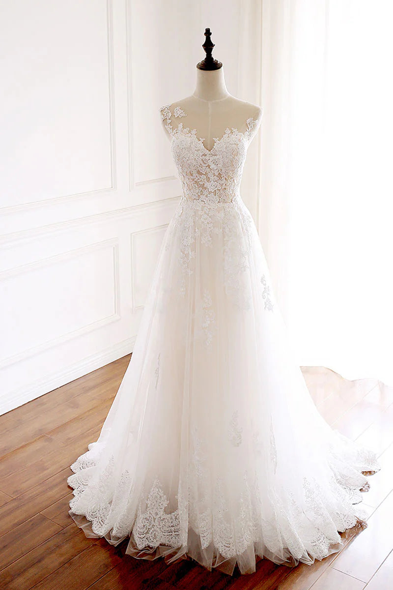 White round neck tulle lace long prom dress white tulle wedding dress