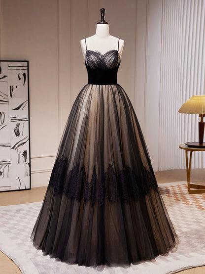 Black A-Line Lace Tulle Long Prom Dresses