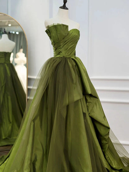 Green Satin Long Prom DressesTulle Green Formal Evening Dresses