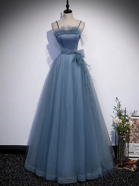 Gray blue tulle long prom dress gray blue A line evening dress