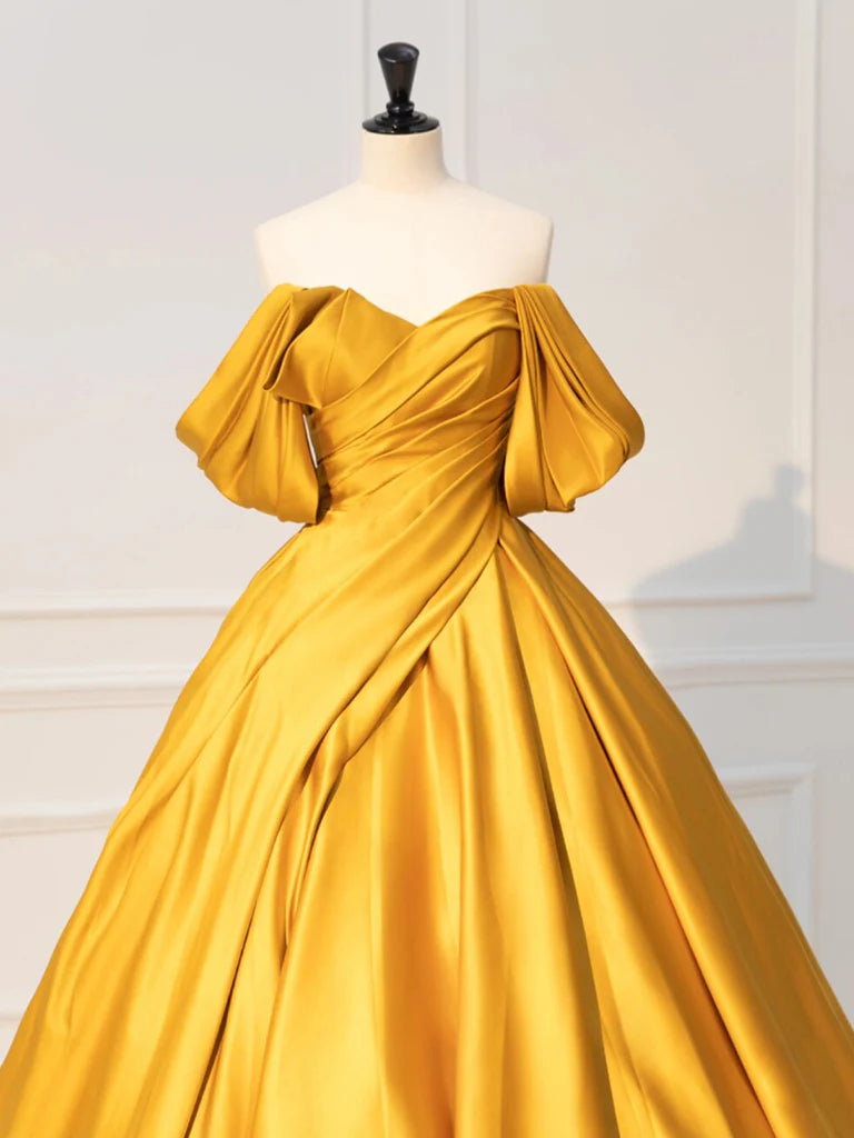 Yellow Off Shoulder Satin Long Prom Dress