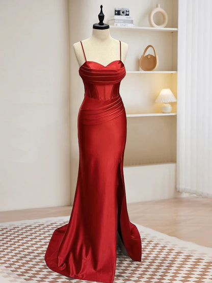 Sweetheart Neck Satin Mermaid Burgundy Long Prom Dress Burgundy Evening Dress