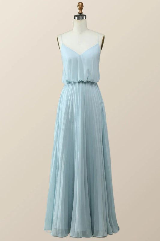 Straps Blue Pleated Full Length Bridesmaid Dress