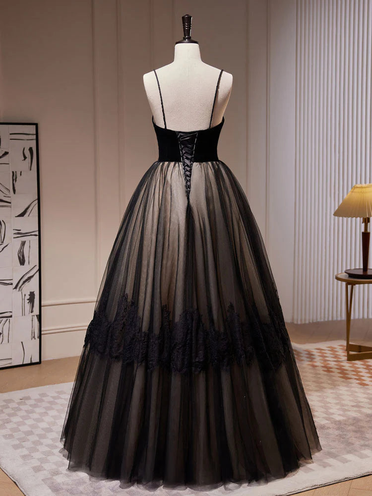 Black A-Line Lace Tulle Long Prom Dresses