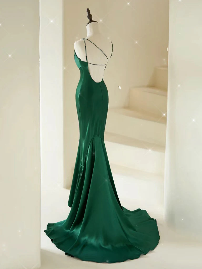 V Neck Satin Green Long Prom Dress Green Long Evening Dress