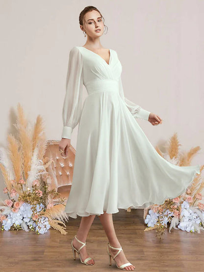 DingjiA-Line Wedding Dresses V Neck Tea Length Chiffon Long Sleeve Simple with Pleats