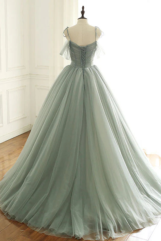 Light green tulle long prom dress green evening dress