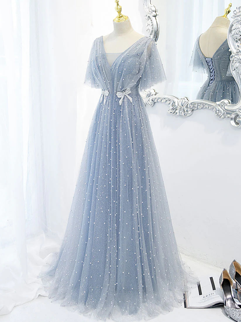 Blue v neck tulle beads long prom dress blue tulle formal dress