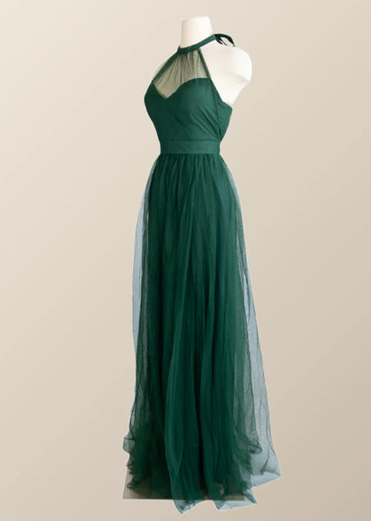 Halter Hunter Green Tulle Long Formal Prom Dress