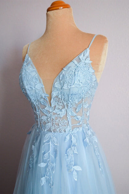 Straps Blue Lace Appliques A-line Long Formal Prom Dress