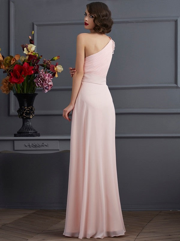 A-Line/Princess One-Shoulder Sleeveless Long Beading Chiffon Dresses